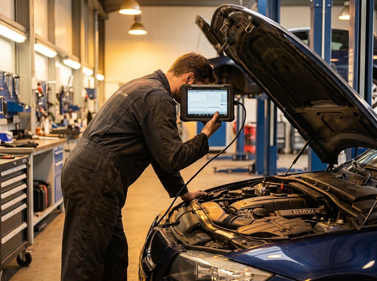 BMW motor bölmesinde bilgisayarlı arıza tespiti yapan teknisyen